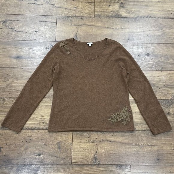 J. Jill‎ Sweater Size Medium Brown Floral Embroidered V-Neck Angora Blend Boho - Picture 1 of 12